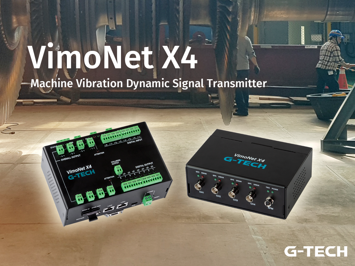 A promotional image of G-TECH's VimoNet X4 machine vibration dynamic signal transmitter